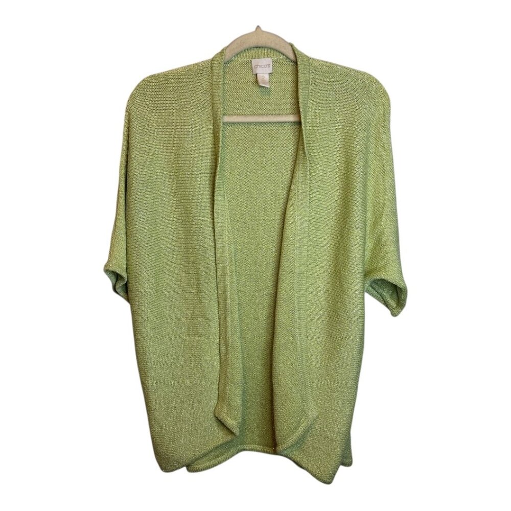 Chico's Sweater Women's Size Large Sparkles Cardigan Open Front Green‎ Chicos 2